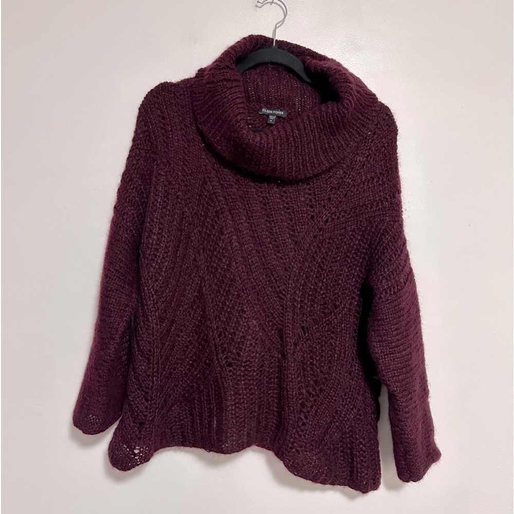 Eileen Fisher Mohair Blend Turtleneck Open Knit Sweater Burgundy size Medium